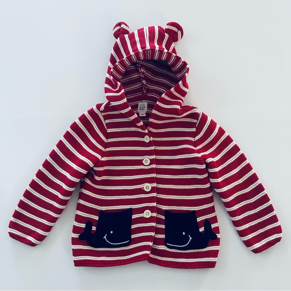 Gap 18-24 Months Baby Red White Striped Hooded Cardigan Whale Pockets